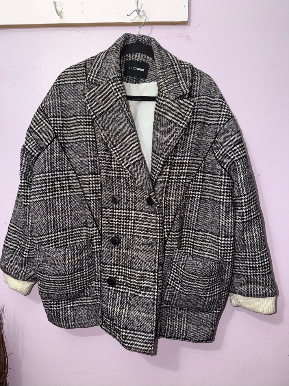 Fashion Nova Black & White Plaid Double-Breasted Blazer Jacket